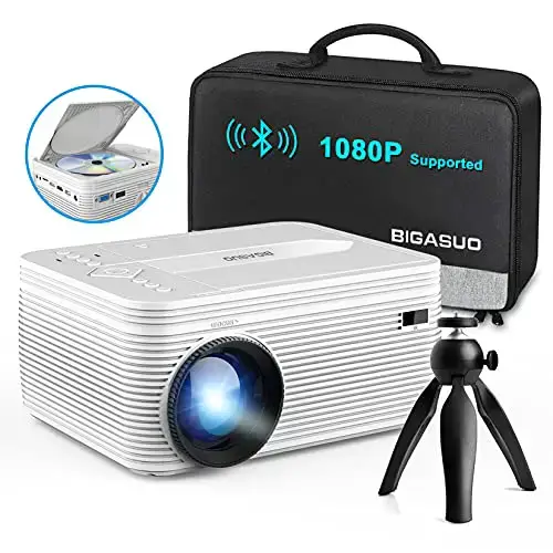 BIGASUO Upgrade HD Bluetooth Projector Built in DVD Player, Mini Video Projector 1080P Supported...