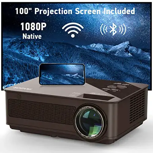 Native 1080P WiFi Projector - Outdoor Movie Projector with 100'' Projection Screen Included, FANGOR...