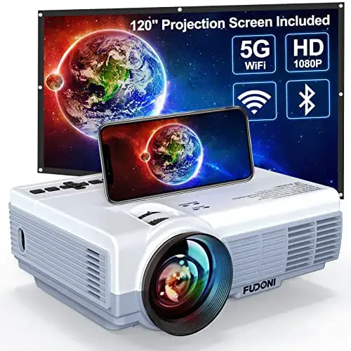 5G WiFi Bluetooth Projector, Native 1080P HD Mini Projector, FUDONI Portable Outdoor Projector with...